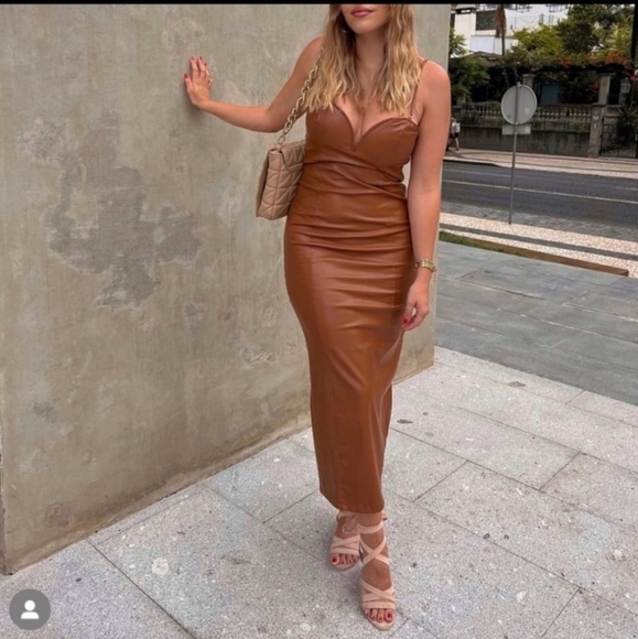 $120 Zara Faux Leather Dress Midi Brown - Picture 6 of 16